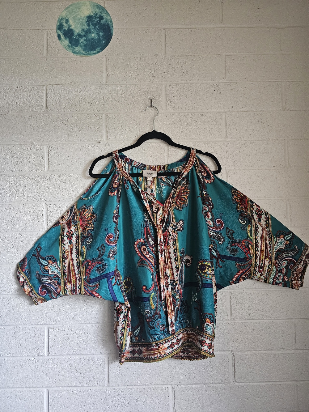 ECI New York Paisley Print Boho Tunic Blouse Top Turquoise Multicolor Size S